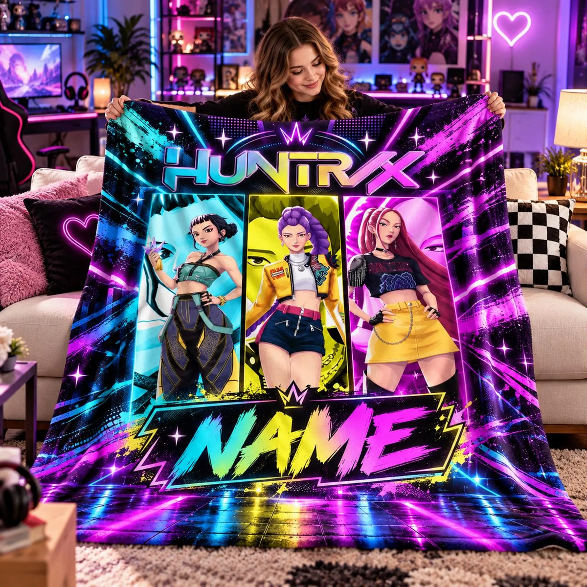 KPop Demon Hunters Huntrix Neon Personalized Blanket
