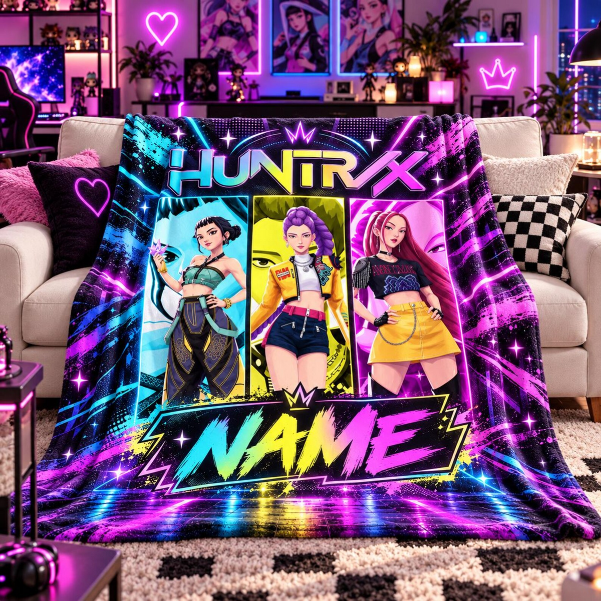 KPop Demon Hunters Huntrix Neon Personalized Blanket