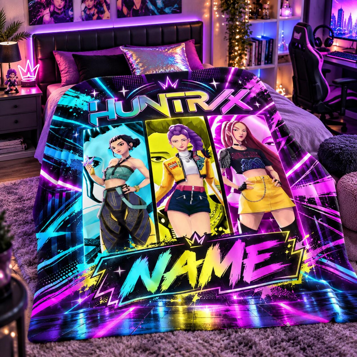 KPop Demon Hunters Huntrix Neon Personalized Blanket
